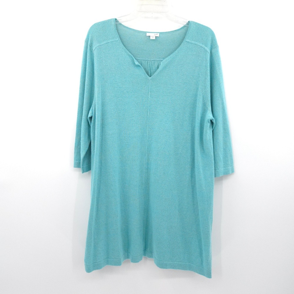 J. Jill Linen Blend Tunic Sweater Womens L Blue 3/4 Sleeve V-Neck Light Knit